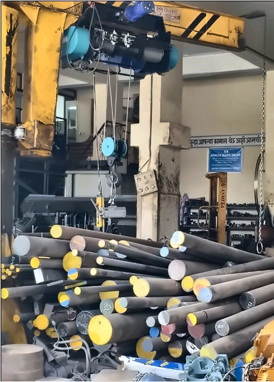 Round bars in stock at our Bhosari yard, with colour-coded ends